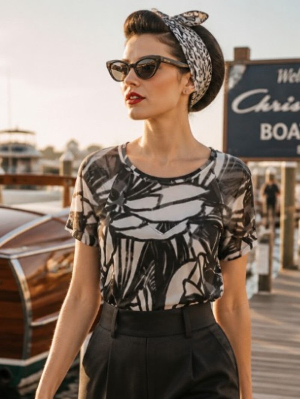 Dkny Black & White Tropical Print Short-Sleeve Blouse